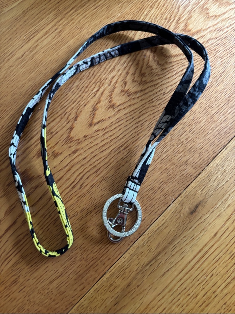 Vera Bradley Black, White and Yellow Floral Lanyard with Silver Ring